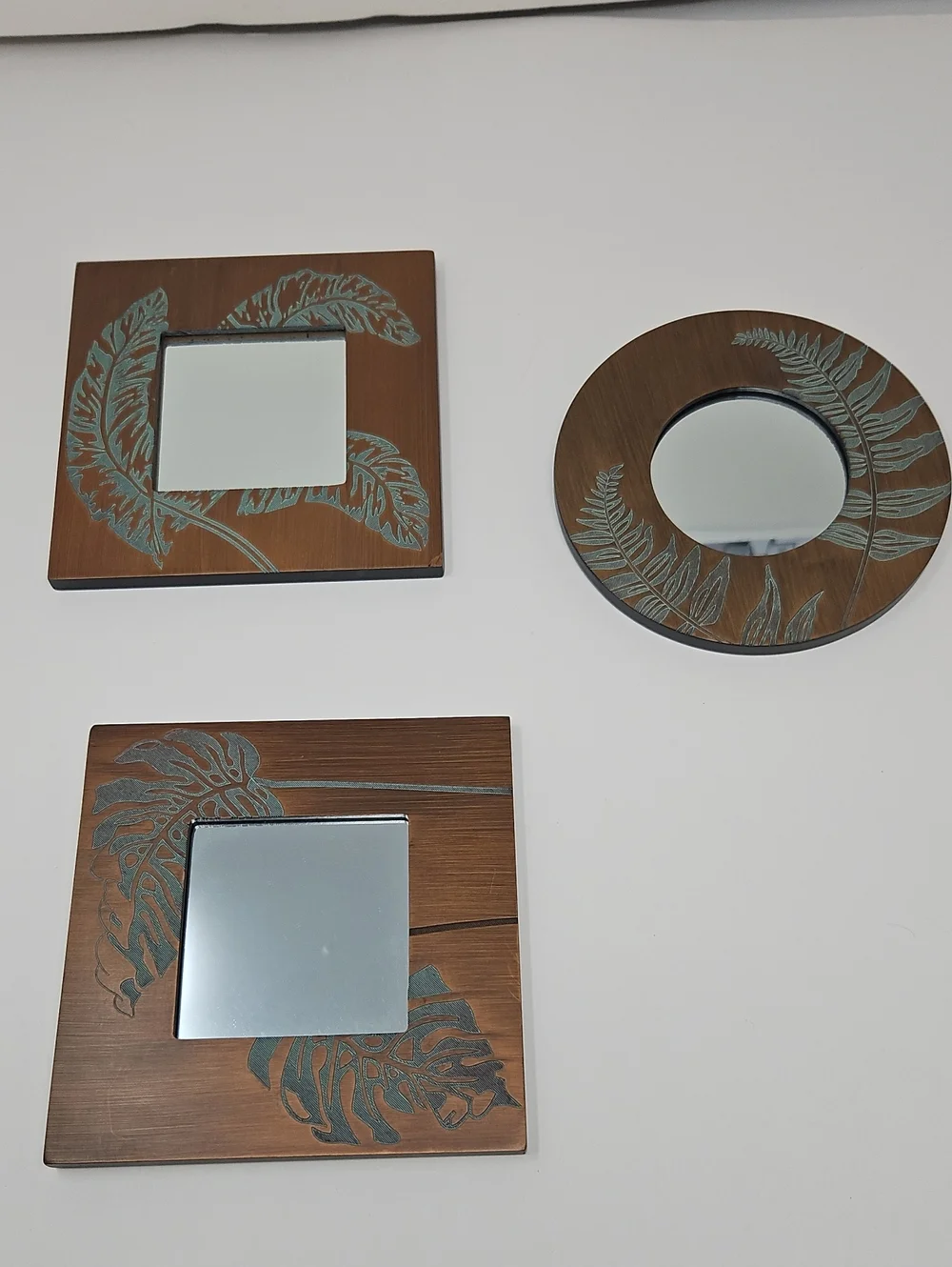 Faux Wood Wall Mirror Trio with Teal Leaf Accent - Unbranded